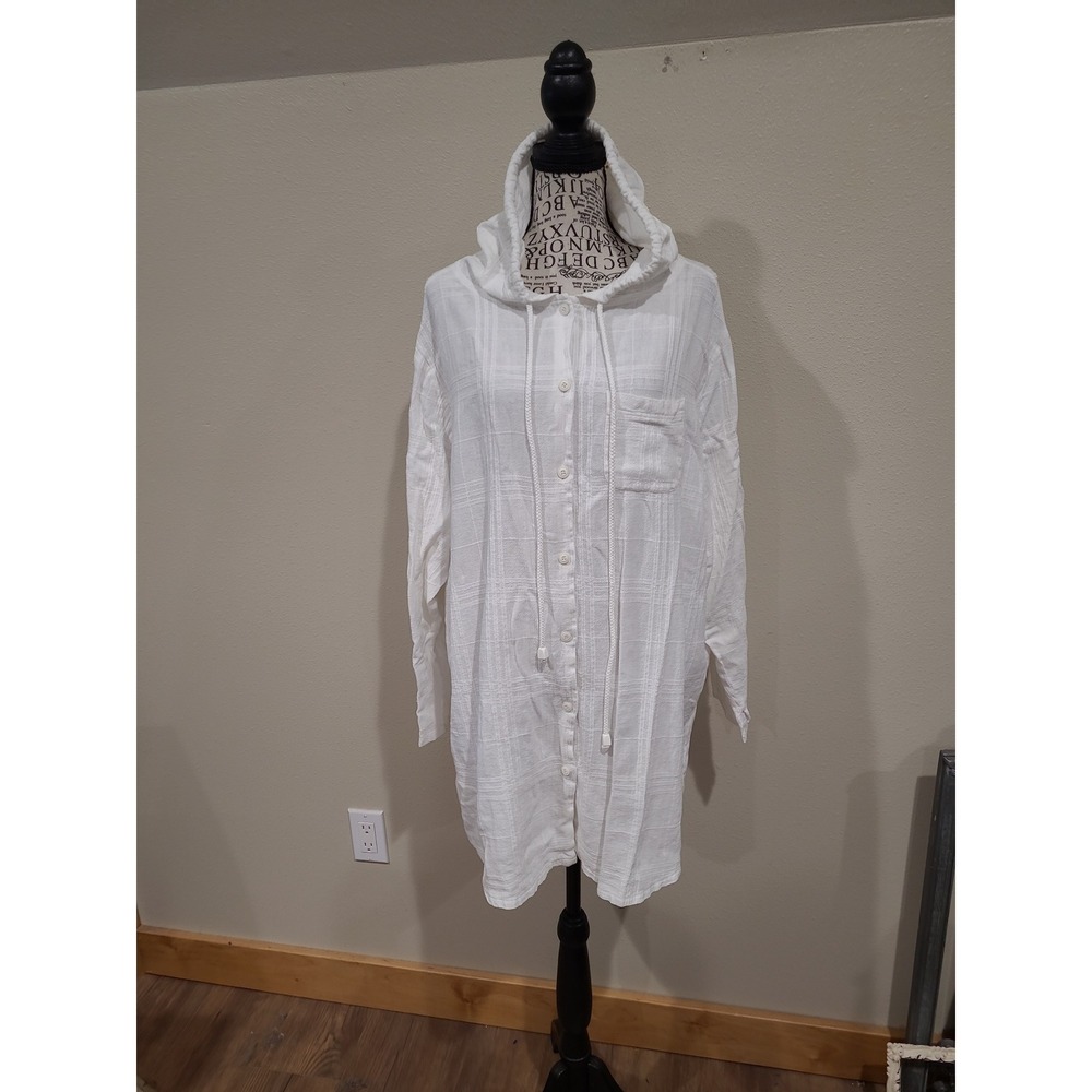 Vacation Swim Cover Tunic Top button front airy cotton hooded Top Women SZ 2X